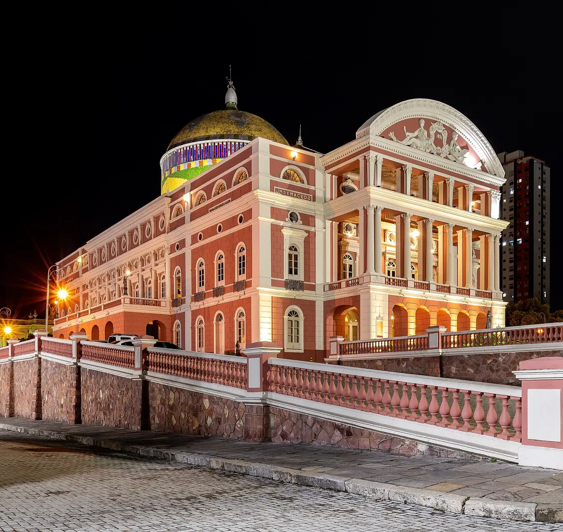 The illuminated Teatro Amazonas in Manaus at night
